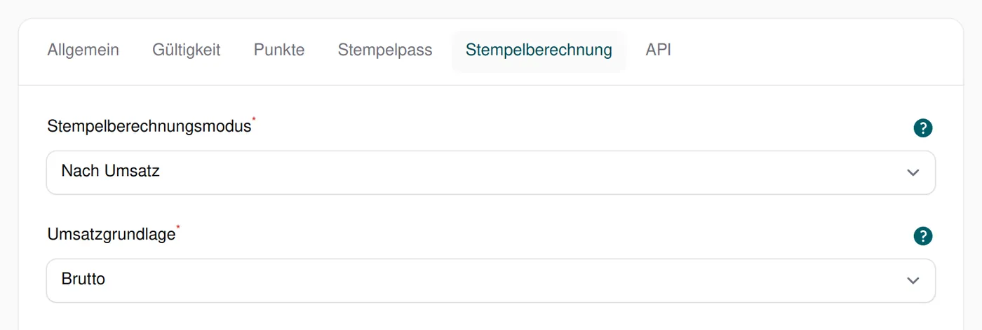 Reiter „Stempelberechnung“ mit Stempelberechnungsmodus „Nach Umsatz“ und Umsatzgrundlage „Brutto“