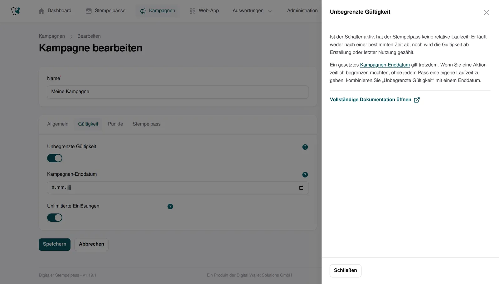 Ausführliche Hilfe im Seitenfenster der Kampagnen-Bearbeitung