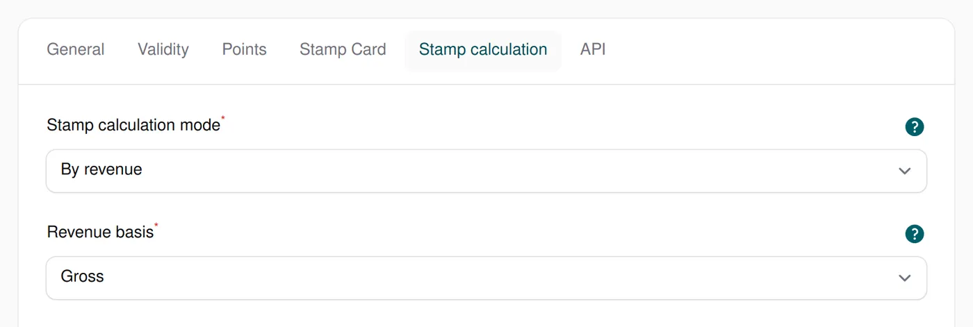“Stamp calculation” tab with stamp calculation mode “By revenue” and revenue basis “Gross”