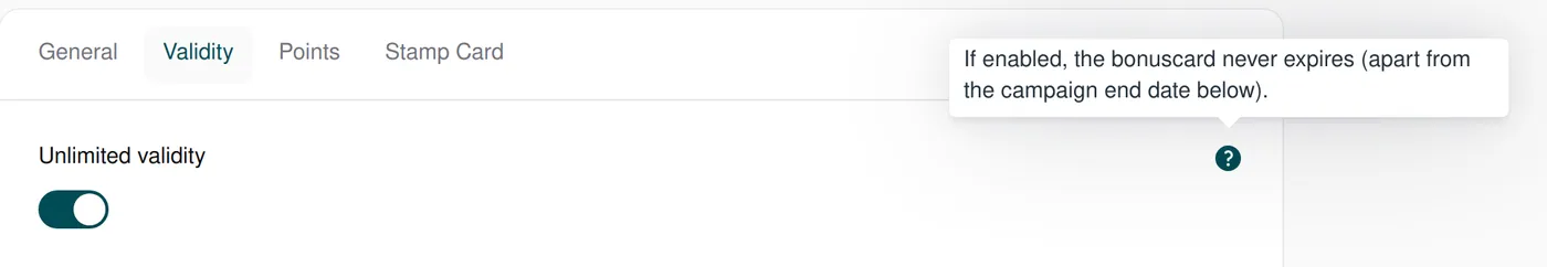 Short help as a tooltip next to the “Unlimited validity” field